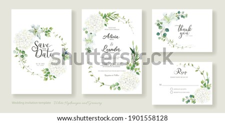 Wedding Invitation card, save the date, thank you, rsvp template. Vector. White lily, Hydrangea with greenery flower.