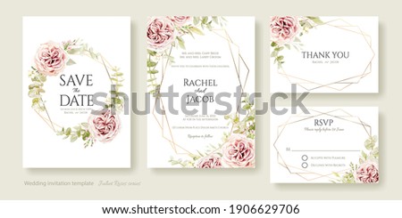 Set of floral wedding Invitation card, save the date, thank you, rsvp template. Vector. Hydrangea flower, Pink rose with greenery.