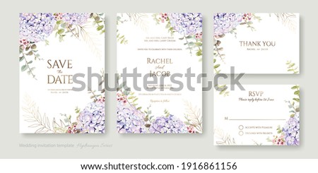 Set of floral wedding Invitation card, save the date, thank you, rsvp template. Hydrangea flower with greenery.