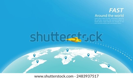 Half-circle world map on a blue background with a paper airplane flying over it and pins on the map. Perfect for web banners and ads. Vector image.