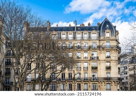 Paris, beautiful building, place Denfert-Rochereau in the 14e arrondissement, blue sky in winter Photo stock © 