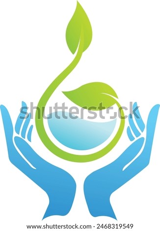 Tree Care logo design. Hand Care Water Drop logo design vector. Save water Poster Tap drop stock vector. Wash Your Hands Silhouette Icon. Water Conservation Water Drop Human Hands fresh system