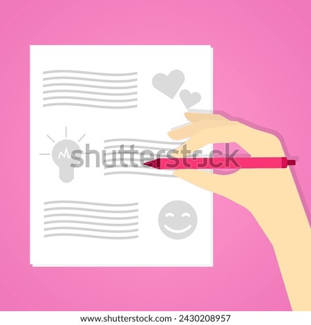 Write down your ideas and plans on paper. Hand writes down. Pink background