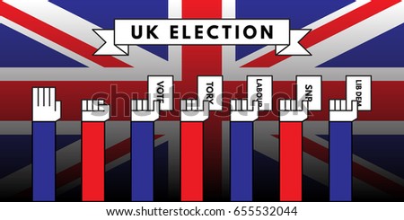 Vector illustration of hand of british voter holding voting ballot featuring the word tory, labour, SNP and Lib Dem representing different political party in upcoming United Kingdom general election.