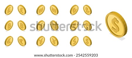 3D golden coins. Different currency icon. Isometric vector set.