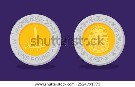 Reverse and obverse of egyptian one pound coin in vector illustration. Egyptian currency one pound coin money.