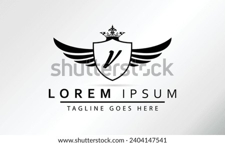 Stylish Black Shield With Wings, Crown And Initial Letter V Isolated On White Background. Luxury Logo Business Vector Template. Modern Design Logotype, Emblem,