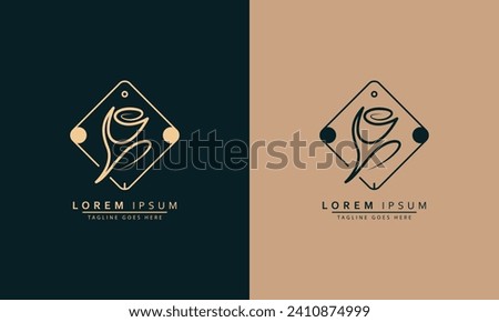 Blooming rose flower logo emblem design template vector illustration in minimal line art style. Linear silhouette for natural cosmetics logotype or florist brand 