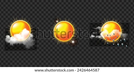 Sun activity or weather forecast, moon calendar 3d realistic vector design elements set. Sun, full and young moon disks in clouds and during eclipse illustrations isolated on transparent