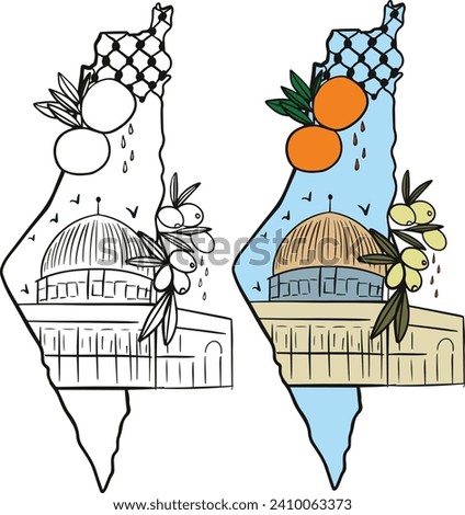 Palestine Map- Palestinian keffiyeh checkered scarf Pattern - Olive branch twig-Tangerine -  Al-Aqsa mosque -The Dome of the Rock Handdrawn Illustration Colored and Black and White