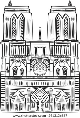 Freestyle Notre Dame de Paris Cathedral France Hand drawn vector illustration - Line art drawing in Black and White 