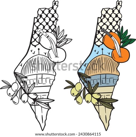 Palestine Map Abstract Illustration- Palestinian keffiyeh checkered scarf Pattern -Olive branch twig handdrawn -Tangerine - Al-Aqsa mosque -The Dome of the Rock with knife- Colored and Black and White