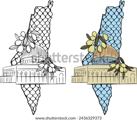 Palestine Map Abstract Illustration- Palestinian keffiyeh checkered scarf Pattern -Olive branch twig handdrawn - Al-Aqsa mosque -The Dome of the Rock - Colored and Black and White