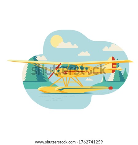 A small yellow screw hydroplane landed on the water near the shore in the forest. Vector illustration in flat design style.