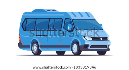 Blue passenger van. The concept of urban transport. Front and side view. Vector illustration in flat style. Isolated on a white background.