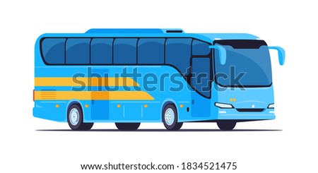 Blue intercity big bus. Public passenger transport. Isolated on white background. Front and side view, vector illustration in flat style.