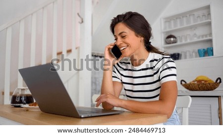 Similar – Image, Stock Photo Young spanish woman with curly hair showing victory sign with a cute smiling face while working on his laptop. Close up portrait. Freelancer happy to work by her own