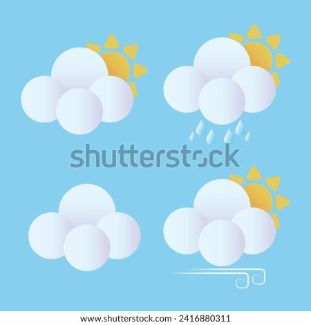 vector weather icons with 3d style, cloud bubbles, sun, raindrops, wind gust icons. isolated vector set