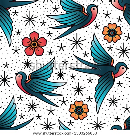 Oldschool Traditional Tattoo Vector Birds and Flowers Pattern