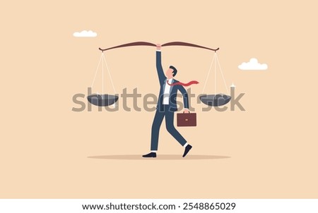 Principles and business ethics and leadership concept vector. Confident businessman lifting balanced scales symbolizing integrity to earn trust, justice, doing right things, and social responsibility.