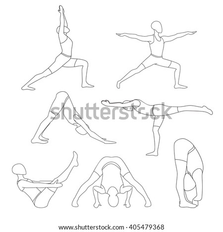 Set Of Seven Yoga Poses. Human Doing Yoga. Lineart Collection Stock ...