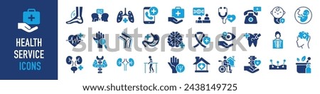 Health service icon set. Containing such as doctor, medicine, hospital, treatment, healthcare, nurse, pills, clinic and more. Solid vector icons collection.
