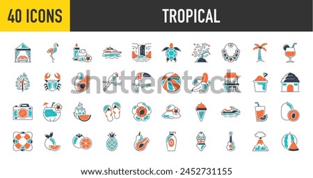 Tropical vacation icons set. Such as seasonal elements, flamingos, ice cream, pineapple, tropic leaves, cocktails, plumeria, watermelon, beach, yacht, juice, life jacket, camera, bikini and more icon.