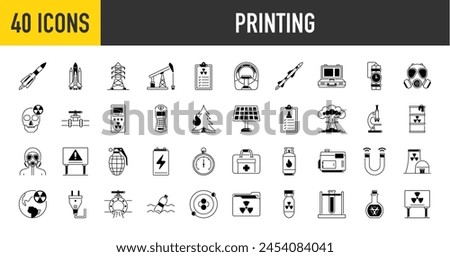 Printing icon set. Such as printer, offset, pos, 3d, box, paper size, sign, cartridges, phone case, pillow, pet feeder, pen tool, newspaper, artboard, bag, billboard, machine vector icons illustration
