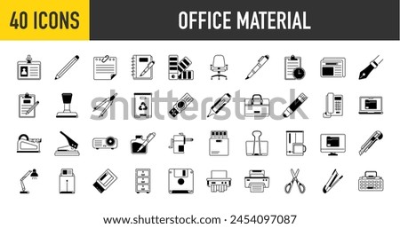 Office material icons. Such as glue, notebook, material, pen, scissors, stapler, ruler, eraser. Office tools and equipment vector icon set for education. Stationers shop accessories	