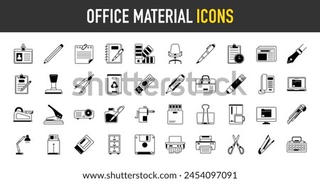 Office material icons. Such as glue, notebook, material, pen, scissors, stapler, ruler, eraser. Office tools and equipment vector icon set for education. Stationers shop accessories	