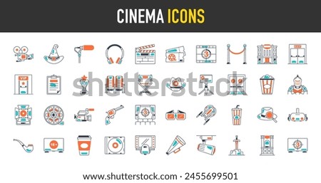 Cinema vector icon. Such as movie, theater, tv, popcorn, video clip, 3d glasses, film slate, sci fi, ticket, award, vip room, camera, sword, microphone, headset, seat, exit, cup, disc, countdown.