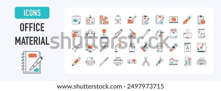 Office material icon set. Such as glue, notebook, note, material, pen, briefcase, archives, newspaper, printer, garbage, clip, scissors, education, stapler, ruler, eraser, office tools vector icons.