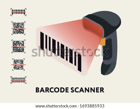 Isometric Barcode QR Code Scanner Reader. Set Of QR Codes. Flat Vector Icon.