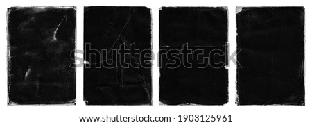 Set of Old Black Empty Aged Damaged Paper Cardboard Photo Card Isolated on White. Rough Grunge Shabby Scratched Torn Ripped Texture. Distressed Overlay Surface for Collage. High Quality. Foto d'archivio © 