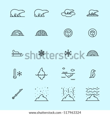 Arctic North Pole minimalistic flat line stroke icon pictogram set