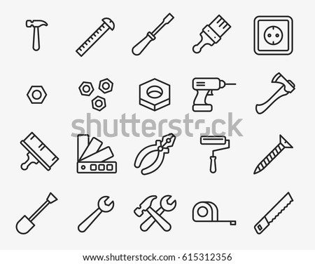 Repair Tools Minimal Flat Line Outline Stroke Icon Pictogram Symbol Set Collection. Hammer, Screwdriver, Nut, Paint Brush, Drill, Axe, Pliers, Roller, Wrench, Saw, Measure Tape.