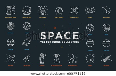 Set of Thin Line Stroke Vector Astronomy and Space Icons. Spaceman, astronaut, helmet, solar system, galaxy, planet, earth, mars, satellite, alien abduction, shuttle, rocket, orbit, asteroid.
