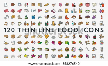 Big Set of 120 Colored Thin Line Stroke Food Icons. Meat, milk, seafood, pasta, soup, bread, egg, cake, sweets, fruits, vegetables, drinks, nutrition, pizza, sauce, cheese, butter, pie, nuts, snacks.
