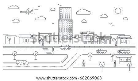 Isometric City Street Landscape View with Buildings, Roads, Trees, Cars and Walking People. Minimal Flat Line Outline Stroke Icon Illustration.
