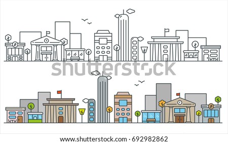 Flat Line City Street Landscape View Concept with Buildings, Roads, Trees. Editable Stroke. Black and Filled Outline Version. Minimal Icon Illustration.