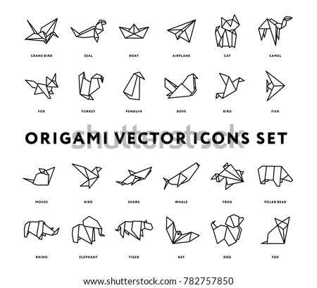 Origami Folded Paper Animals Shapes. Bird, Crane, Cat, Dog, Rhino, Fox, Mouse, Elephant. Flat Line Outline Stroke Icon Illustration Set Collection