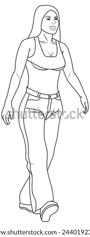 A fashion girl walking in outline and vector format.