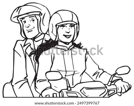 A female online motorcycle driver with her passenger. Illustration in black and white and vector format.