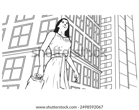 A lady walking with building background. Illustration in black and white and vector format.