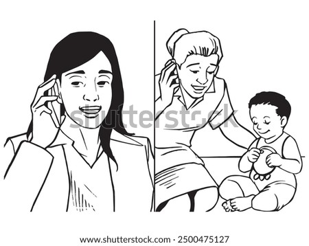 Mother calls the baby sitter in split screen. Illustration in black and white and vector format. This is not an AI Generated content.