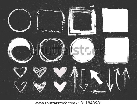 Chalk graphic elements collection - hearts, arrows, frames, rectangle, oval and round shapes. Chalk forms on black board.