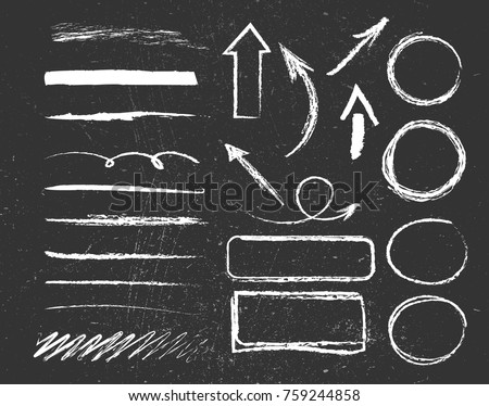 Chalk graphic elements collection - arrows, frames, rectangle, oval and round shapes. Chalk forms on black board. Vector illustration
 Foto d'archivio © 