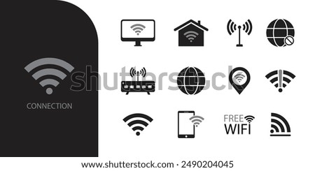 Wifi icon set. Containing online, signal, wireless, internet, computer, connect, hotspot, offline, wifi router and etc. Vector solid icons collection.