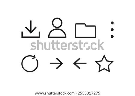 Download, contact, folder, option, reload next back and rating icon set outline suitable for app and web.