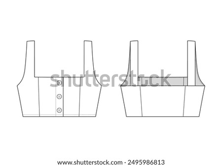 Vector fashion technical drawing of a square neckline bralette with front and back view. Buttoned opening at center front area. Big buttons detail. Woven fabric.